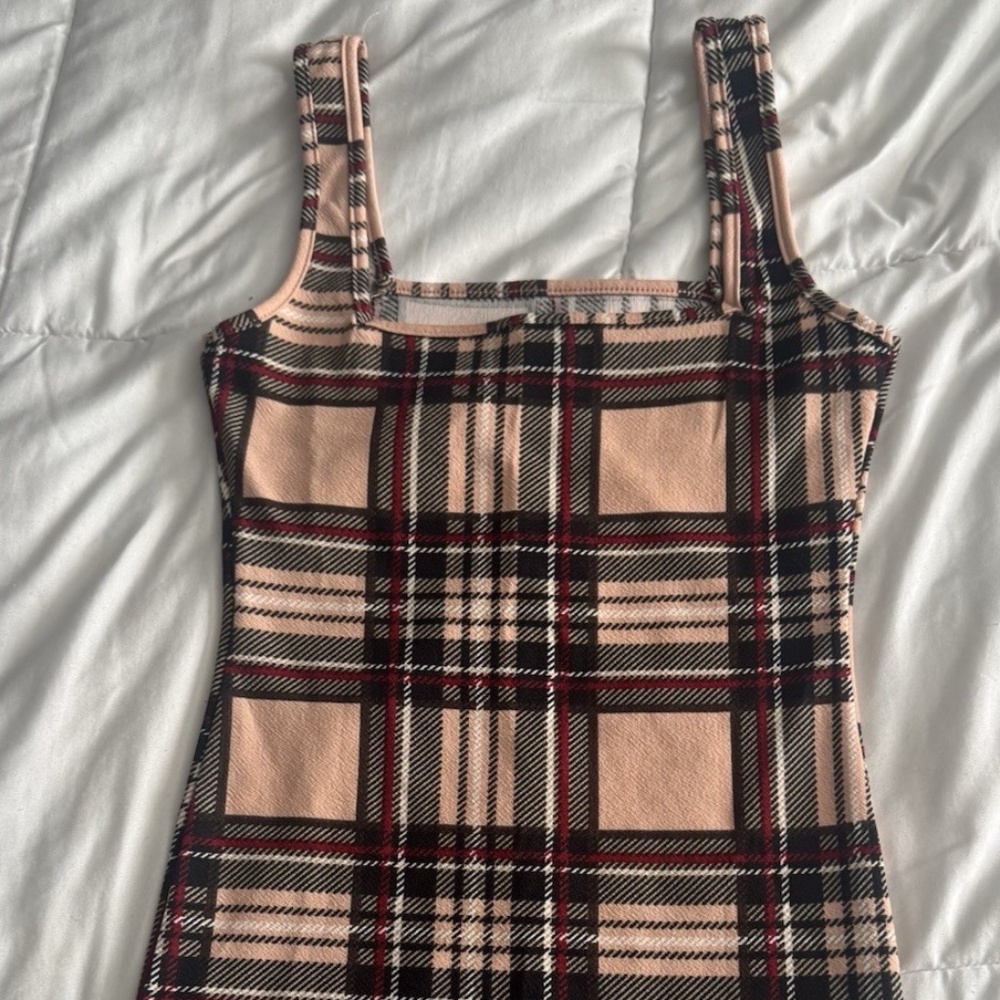 SHEIN Women's Plaid Dress Brown Burgundy Stripes Sheer, Size M